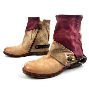 AS 98 Airstep Buckle Slouch Ankle Boots Leather Red Tan Boho Size 38 EU